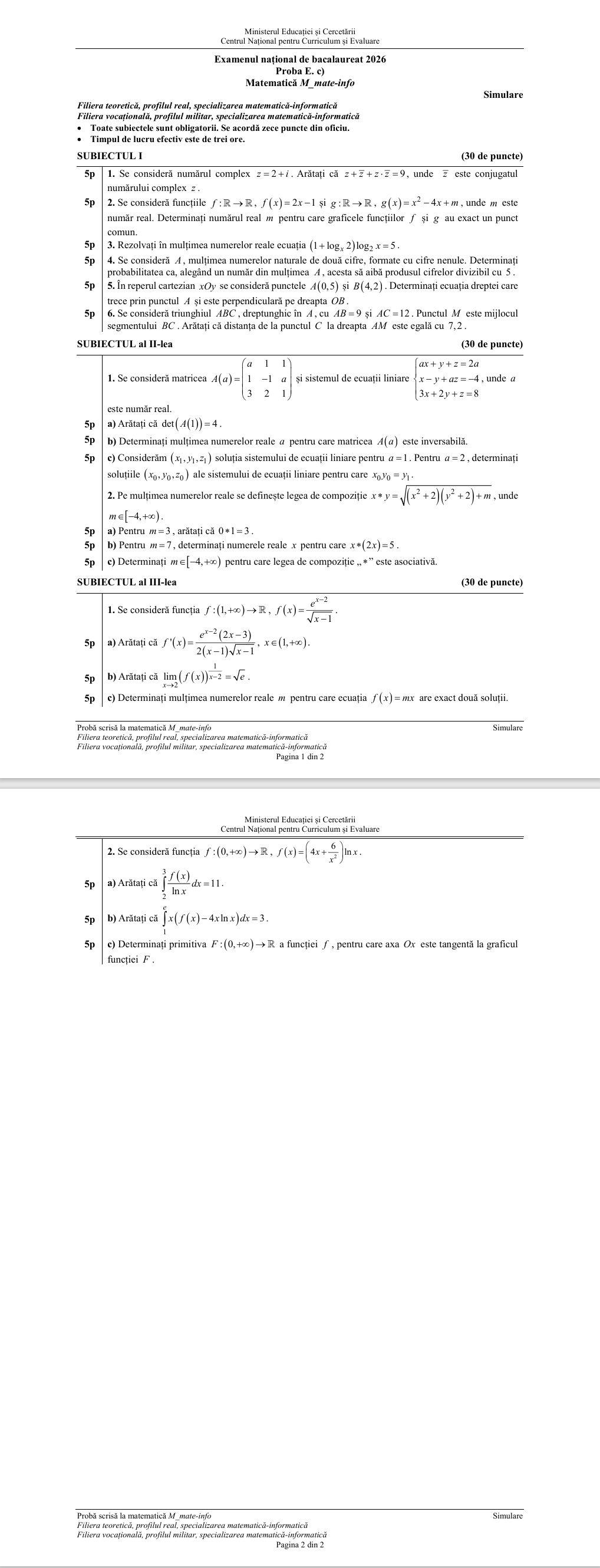 Barem simulare Bacalaureat la Matematică. Cum trebuiau rezolvate subiectele