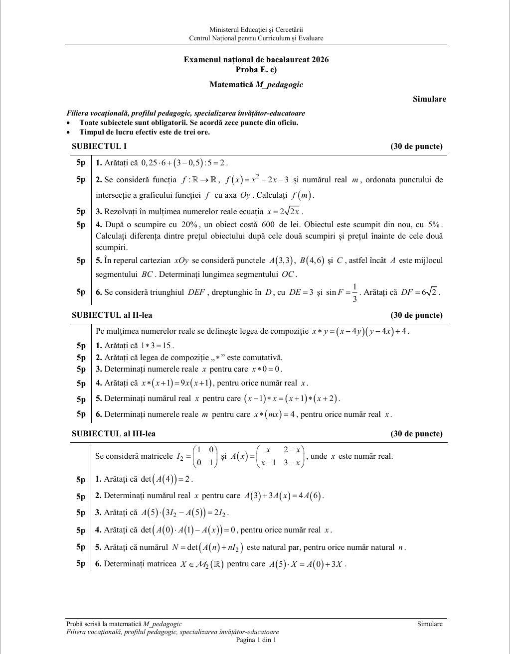 Barem simulare Bacalaureat la Matematică. Cum trebuiau rezolvate subiectele