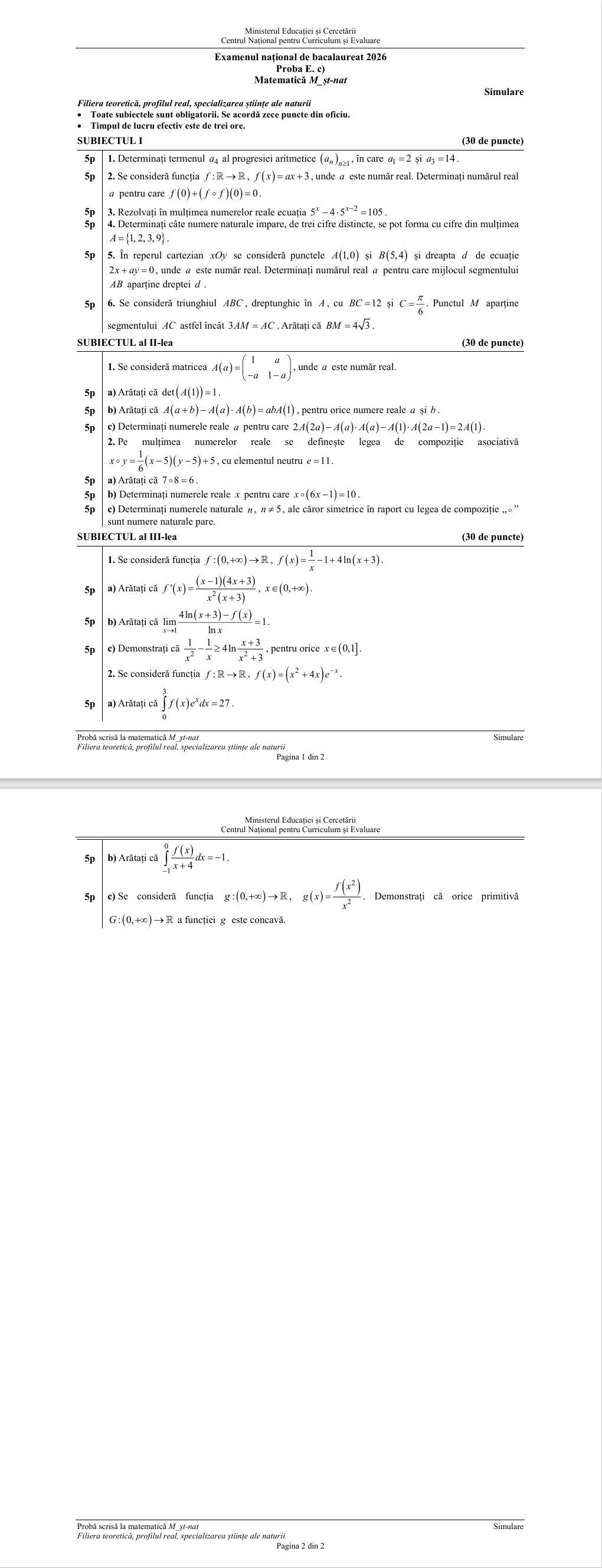 Barem simulare Bacalaureat la Matematică. Cum trebuiau rezolvate subiectele
