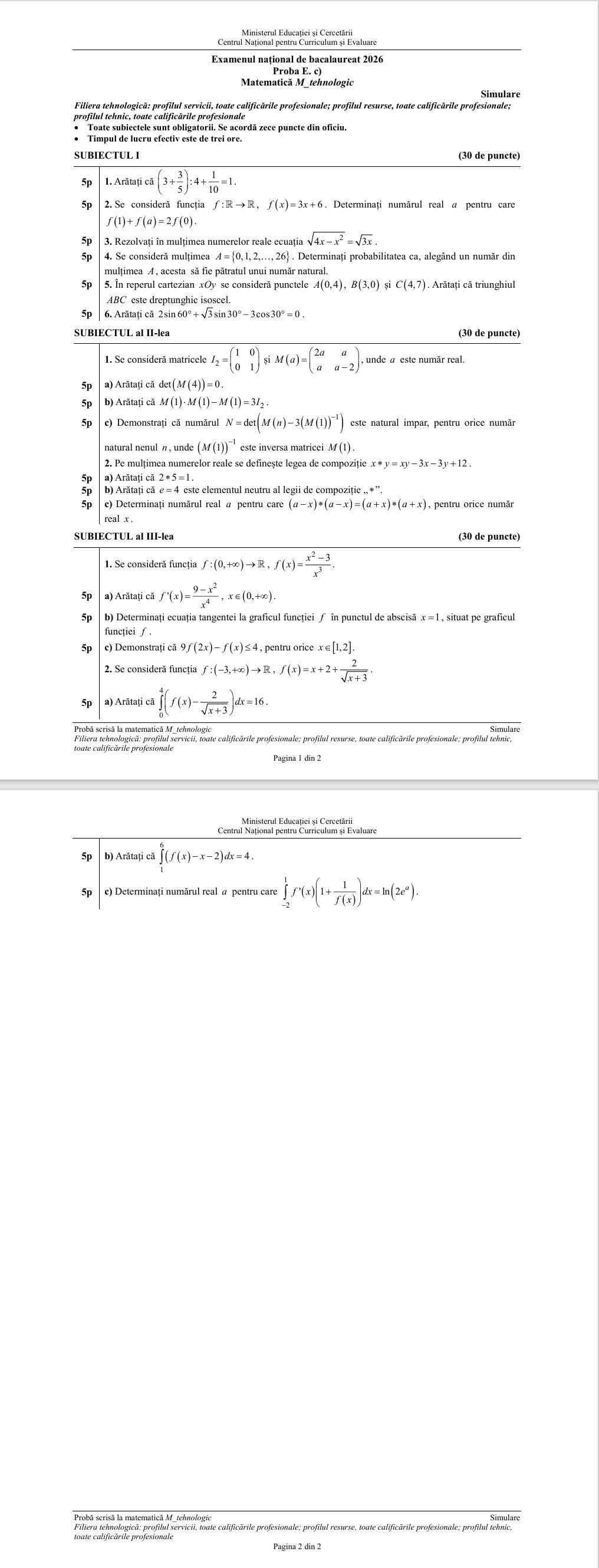 Barem simulare Bacalaureat la Matematică. Cum trebuiau rezolvate subiectele