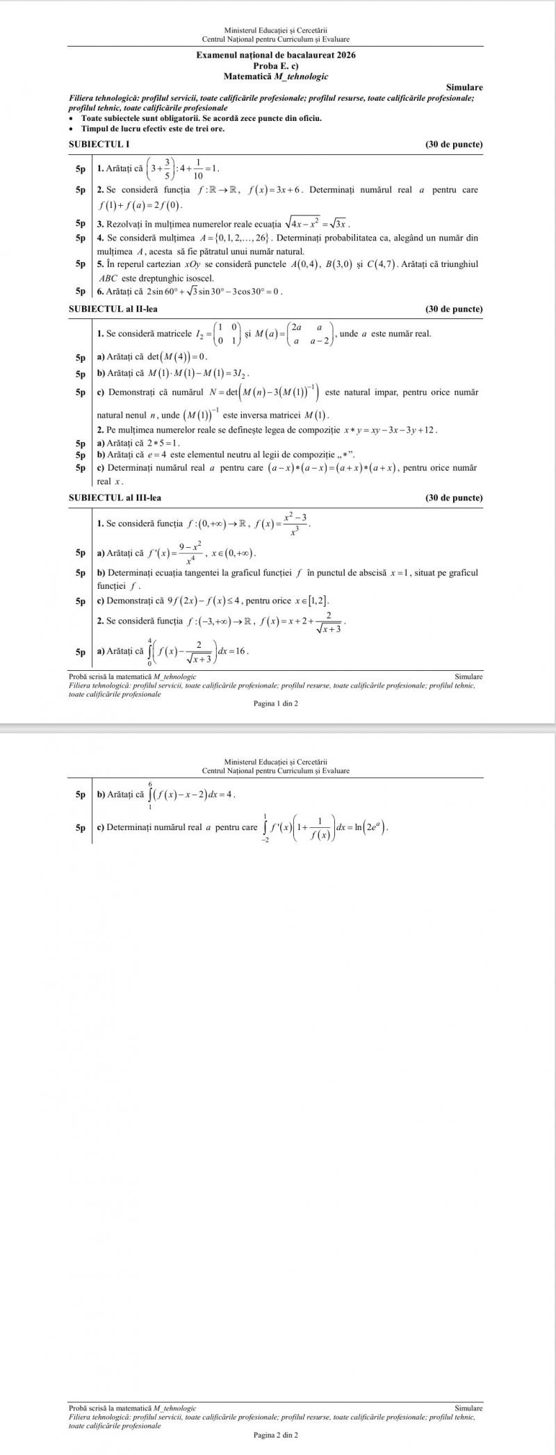 Barem simulare Bacalaureat la Matematică. Cum trebuiau rezolvate subiectele