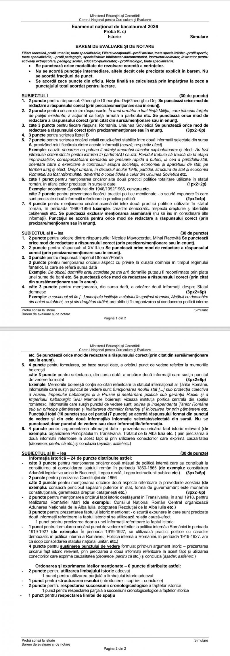 Barem simulare Bacalaureat la Istorie. Cum trebuiau rezolvate subiectele Barem simulare Bacalaureat la Istorie. Cum trebuiau rezolvate subiectele