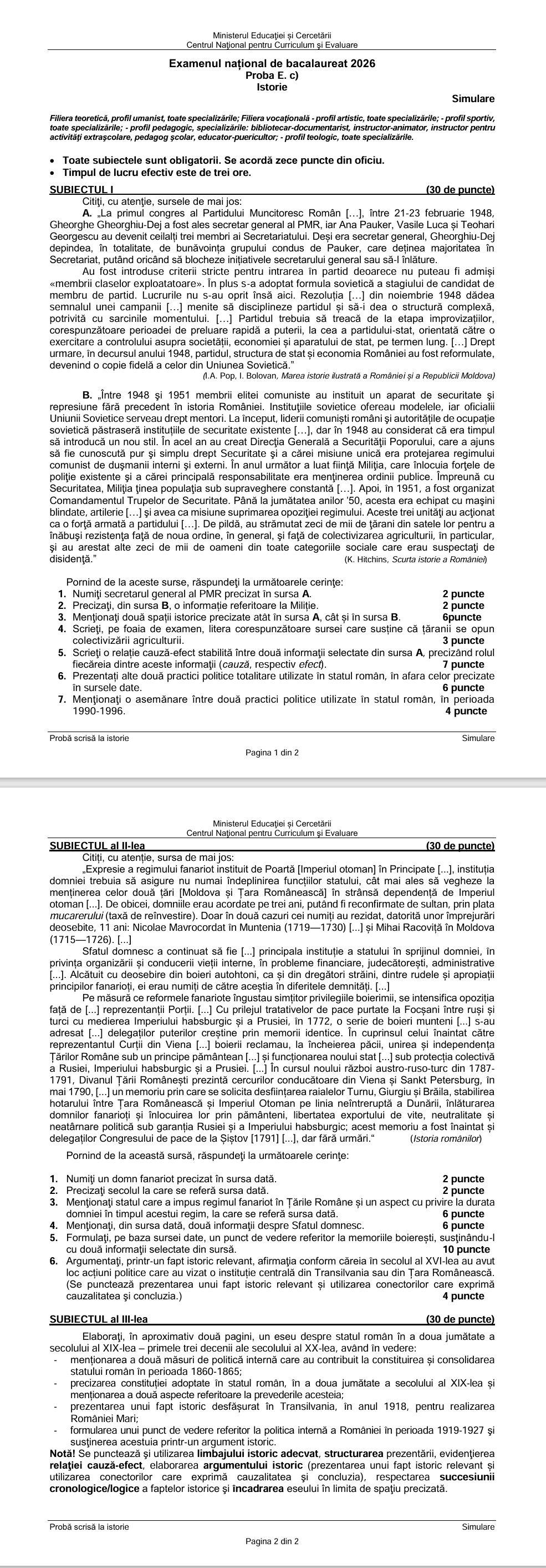 Barem simulare Bacalaureat la Istorie. Cum trebuiau rezolvate subiectele