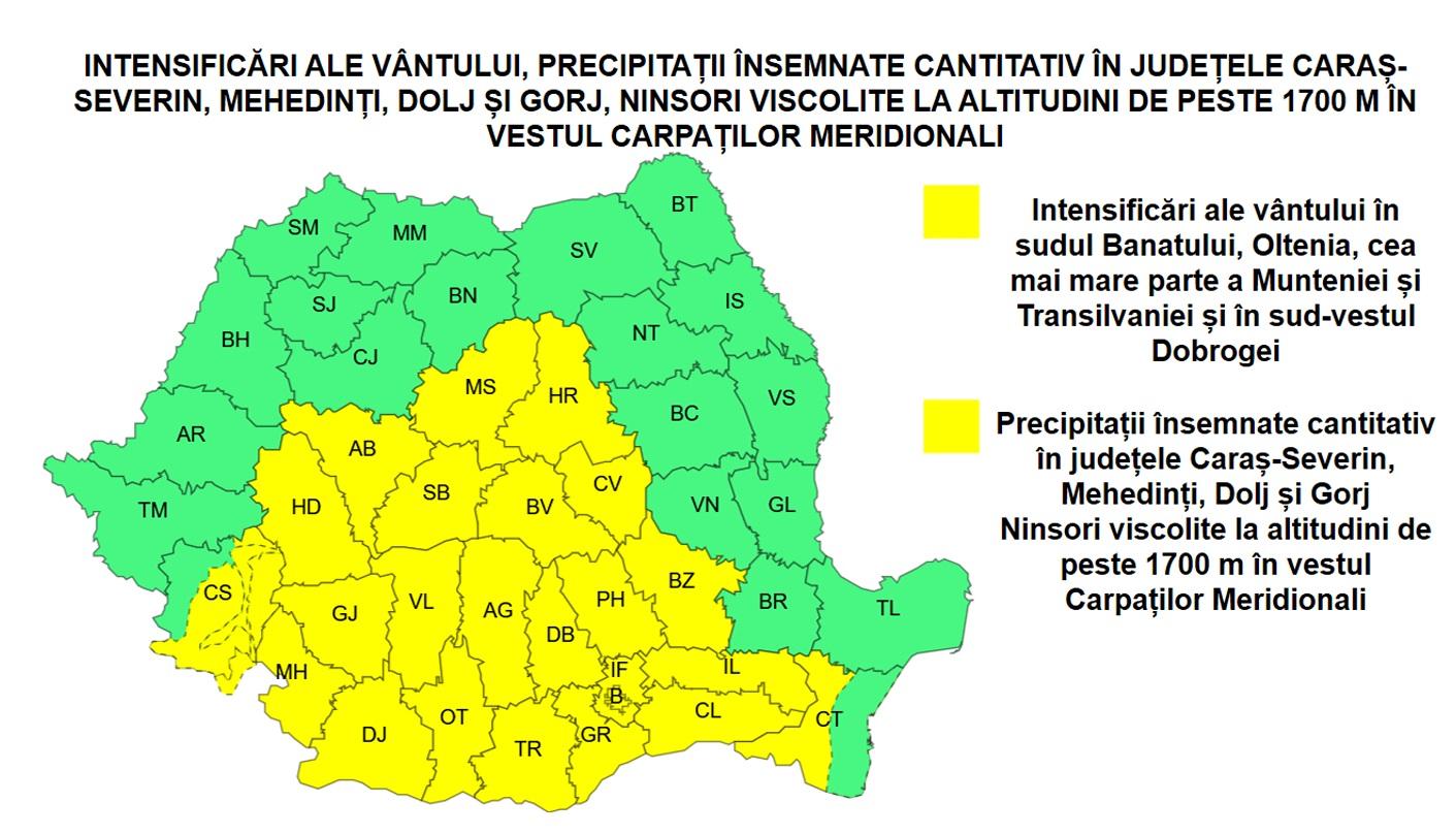 25 de judeţe intră sub cod galben de vânt şi ploi până luni. La munte, ninge viscolit
