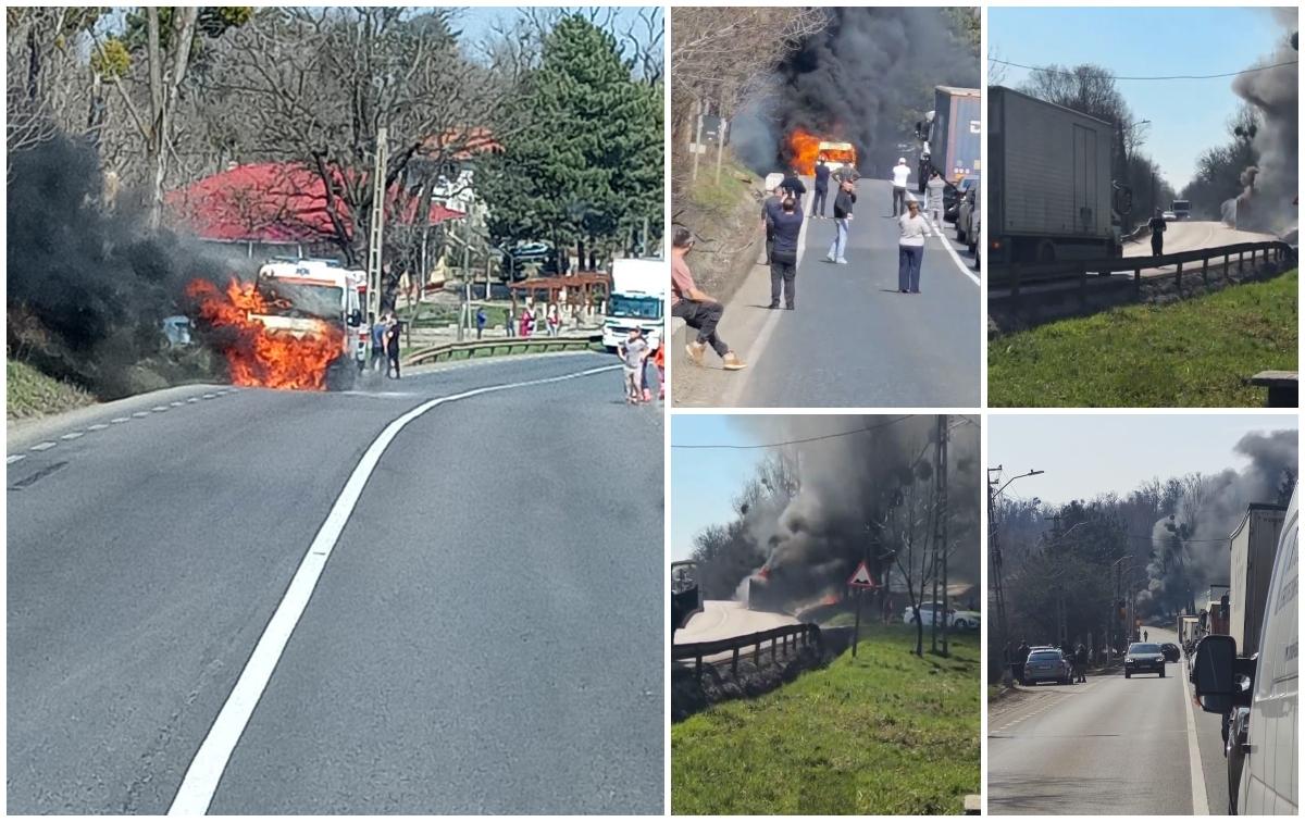 O ambulanţă a luat foc pe un drum din Iaşi. Echipajul s-a autoevacuat şi a reuşit să scoată tuburile de oxigen