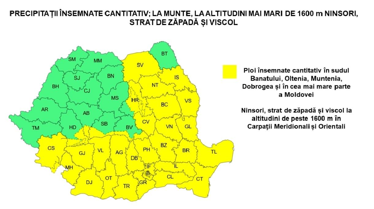 30 de judeţe intră sub cod galben de ploi şi vânt. Va ploua în câteva zile cât pentru întreaga lună