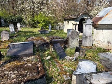 Monumente funerare răsturnate în cimitirul evreiesc din Reghin