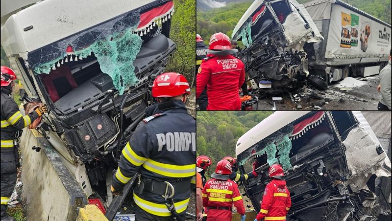 Accident cu două TIR-uri pe DN7, în Vâlcea. Unul dintre şoferi a rămas blocat în cabină