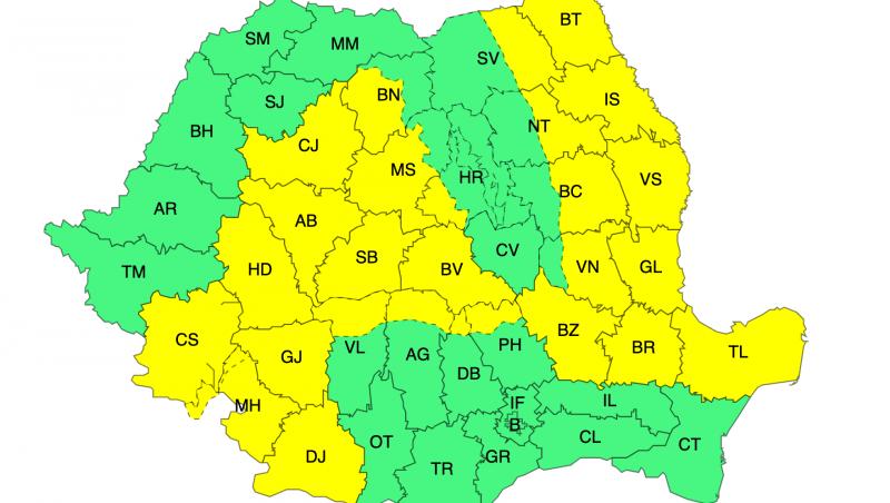 Cod galben de vijelii, grindină și vânt puternic în mare parte din țară. Rafalele ajung la 90 km/h la munte