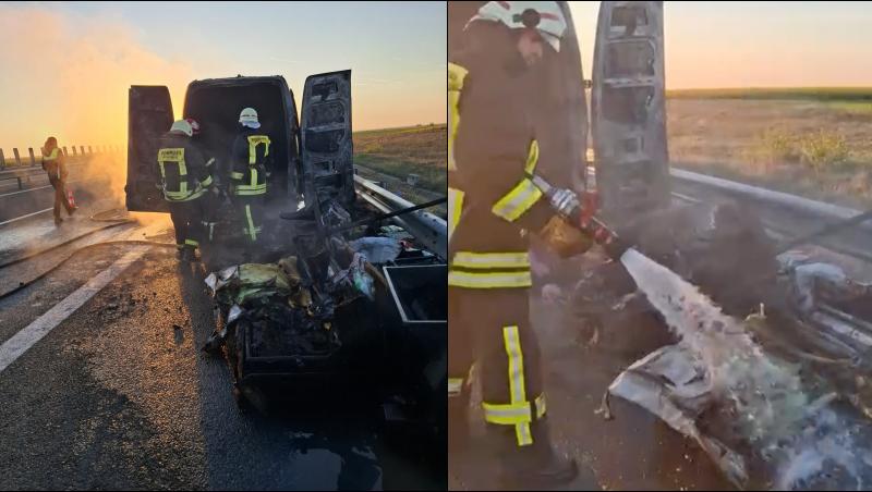 Incendiu pe A1, lângă Pecica. O dubă încărcată cu mobilier s-a făcut scrum