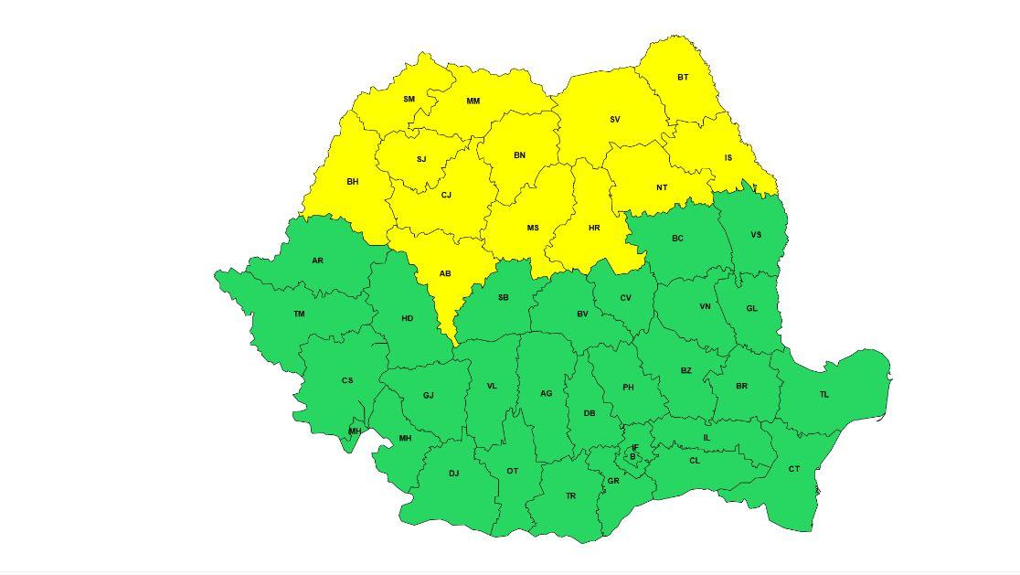 13 judeţe intră sub cod galben de ploi şi vijelii până joi noaptea