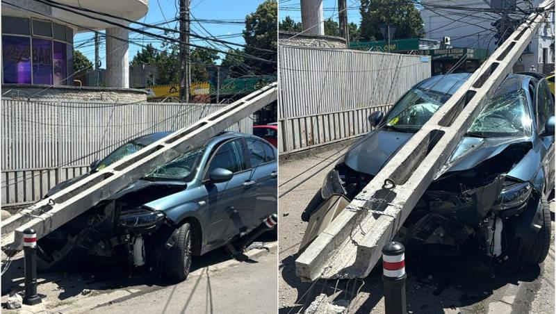 Maşină făcută zob, după ce şoferiţa de 19 ani a intrat într-un stâlp, în Craiova