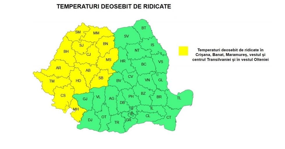 14 judeţe intră sub cod galben de caniculă. La umbră vor fi temperaturi de 34-36 grade