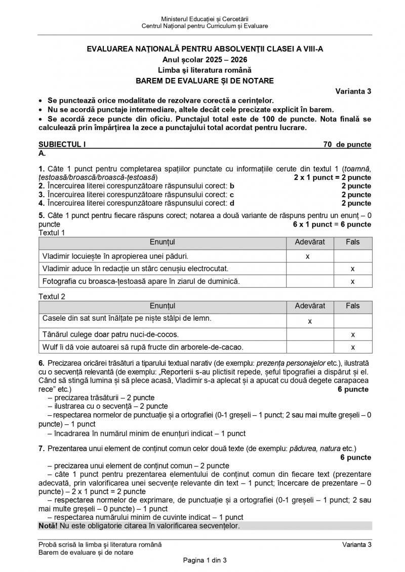 Barem limba română Evaluarea Națională 2026. Cum se rezolvă subiectele de la examen Barem limba română Evaluarea Națională 2026. Cum se rezolvă subiectele de la examen