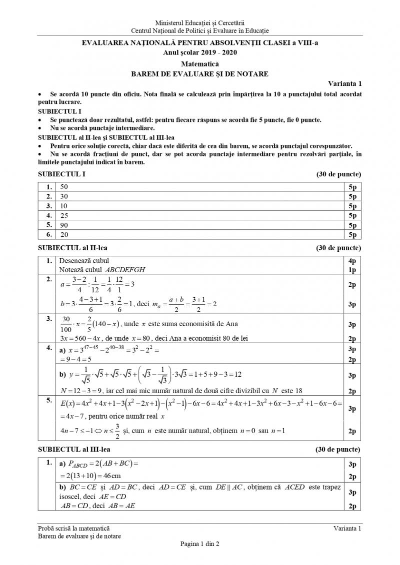 Barem matematică Evaluarea Națională 2026. Cum se rezolvă subiectele de la examen