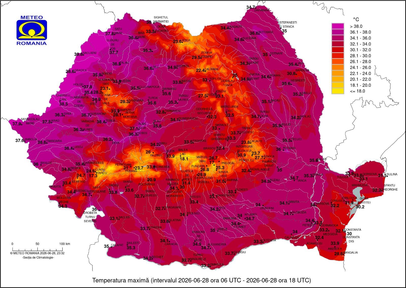 28 iunie, cea mai călduroasă zi înregistrată vreodată în România. Au fost înregistrate 84 de recorduri