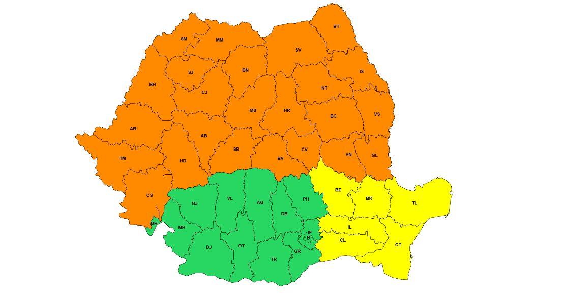 Capitala şi 25 de judeţe, sub cod portocaliu de vijelii