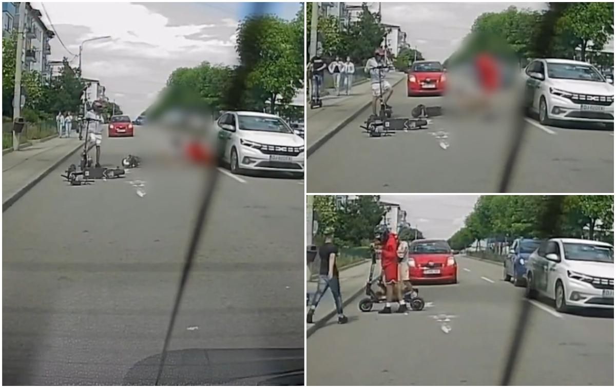Momentul când un tânăr cade de pe trotinetă şi ajunge cu picioarele sub roţile unei maşini în Craiova