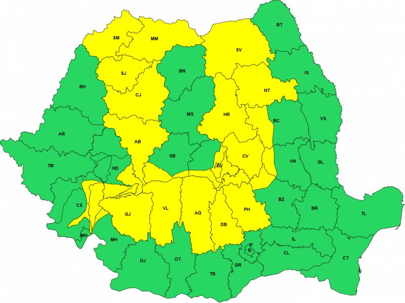 6 avertizări cod galben pentru weekendul 18–19 iulie. Caniculă, vijelii, rafale de peste 80 km/h și grindină 6 avertizări cod galben pentru weekendul 18–19 iulie. Caniculă, vijelii, rafale de peste 80 km/h și grindină