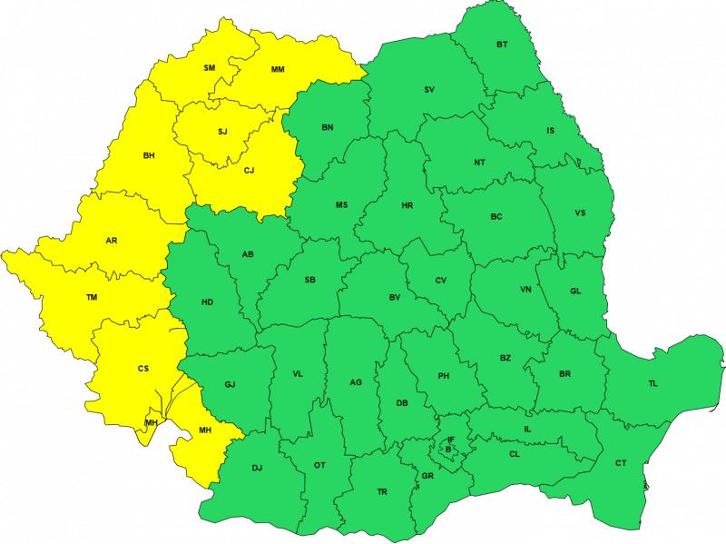 6 avertizări cod galben pentru weekendul 18–19 iulie. Caniculă, vijelii, rafale de peste 80 km/h și grindină 6 avertizări cod galben pentru weekendul 18–19 iulie. Caniculă, vijelii, rafale de peste 80 km/h și grindină
