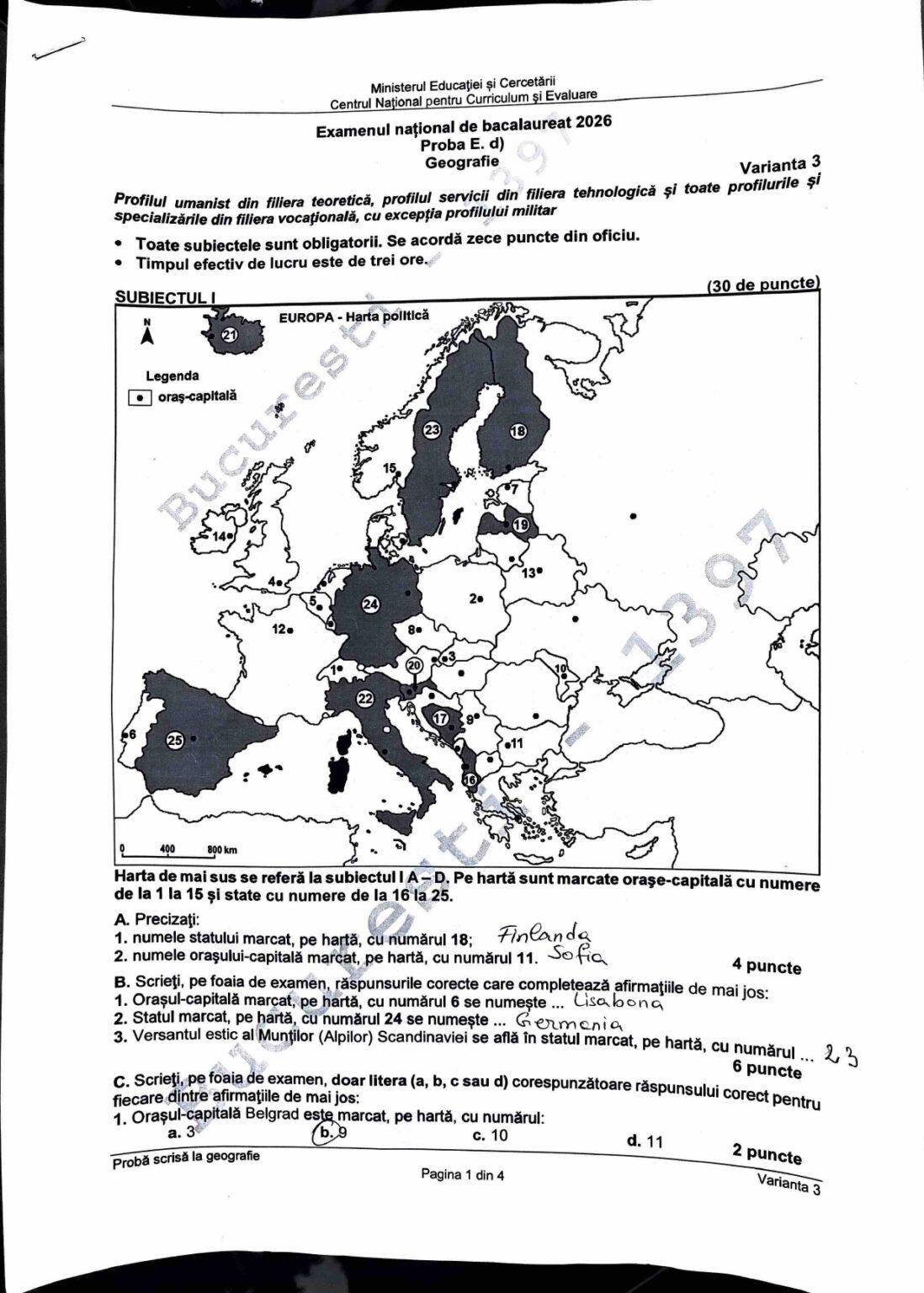 Subiectele la a treia probă de Bacalaureat - Geografie