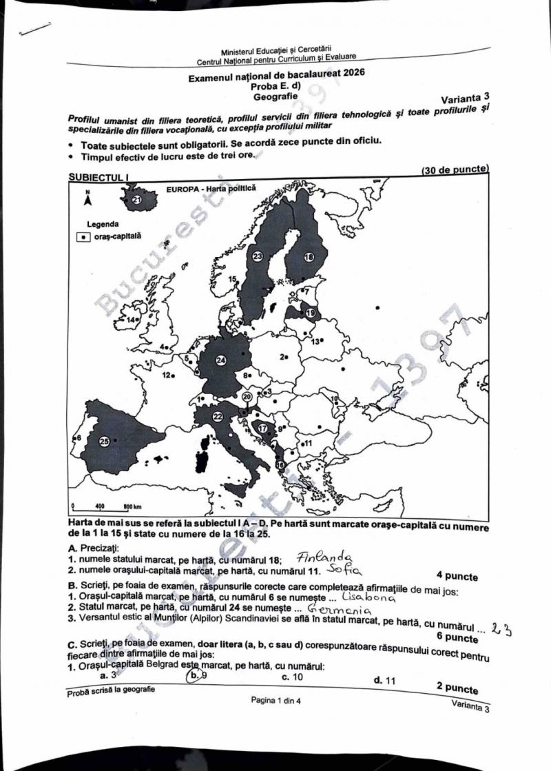 Subiectele la a treia probă de Bacalaureat - Geografie
