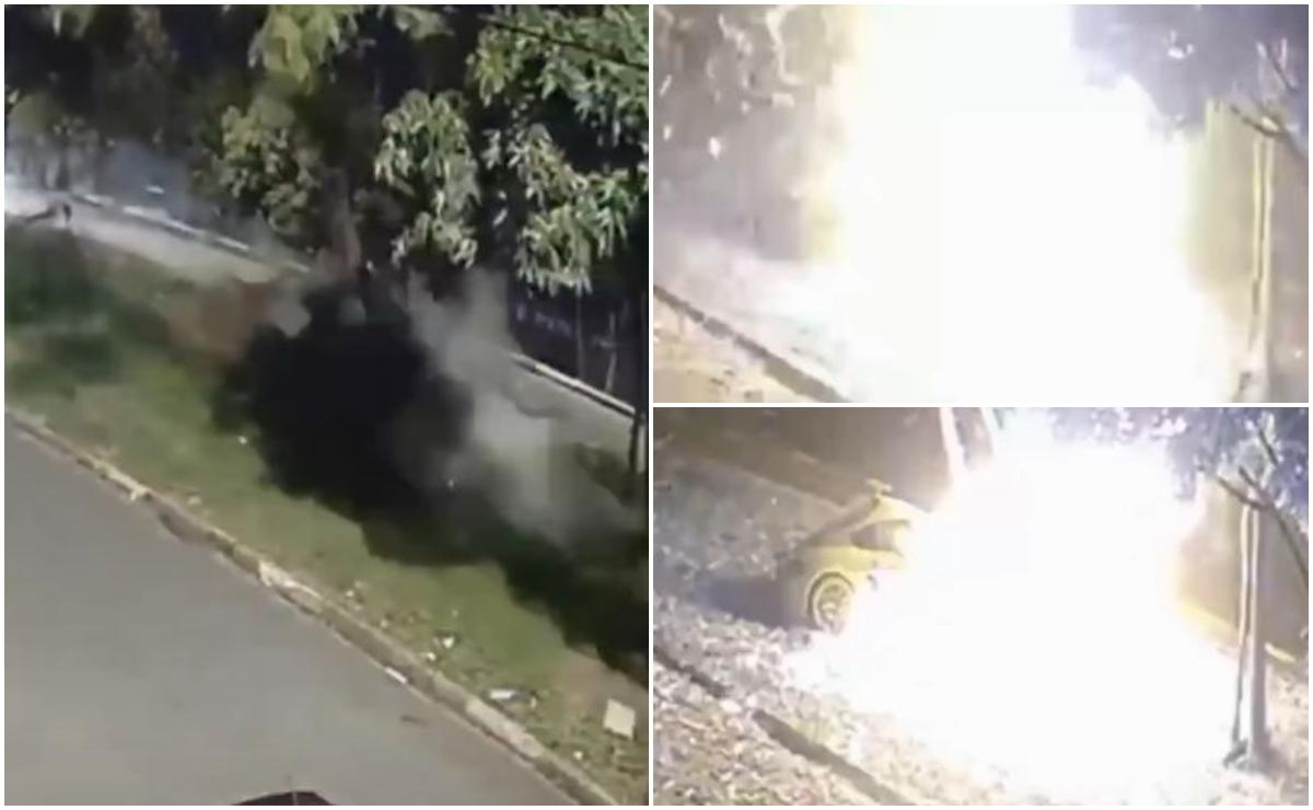 Momentul când un Porsche Cayman se izbeşte violent de un copac şi ia foc. Doi tineri au murit pe loc