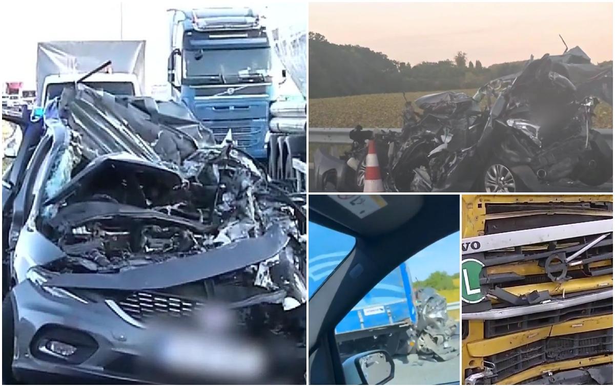 Accident înfiorător lângă București: mașină prinsă ca într-o menghină între 2 camioane. Șoferul a murit pe loc