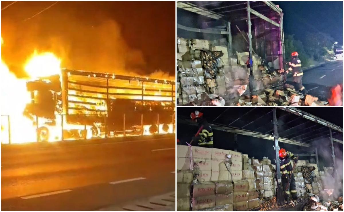 Autotren cuprins de flăcări lângă Giurgiu. 80% din încărcătura cu bomboane a fost distrusă