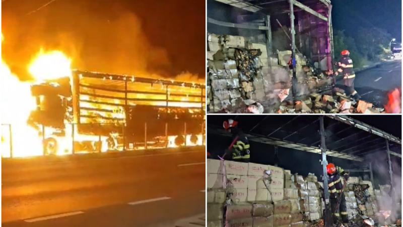 Autotren cuprins de flăcări lângă Giurgiu. 80% din încărcătura cu bomboane a fost distrusă