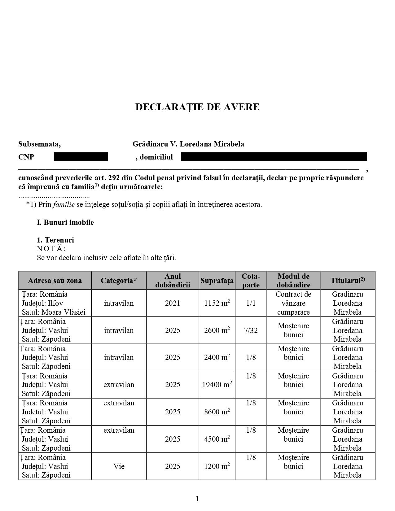 Declaraţie de avere Mirabela Grădinaru