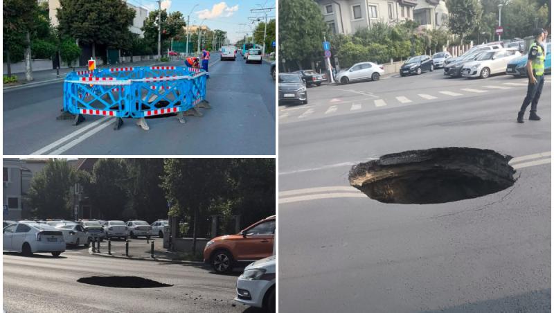 Carosabilul s-a surpat pe Bulevardul Eroilor din București. O groapă de trei metri a dat peste cap traficul