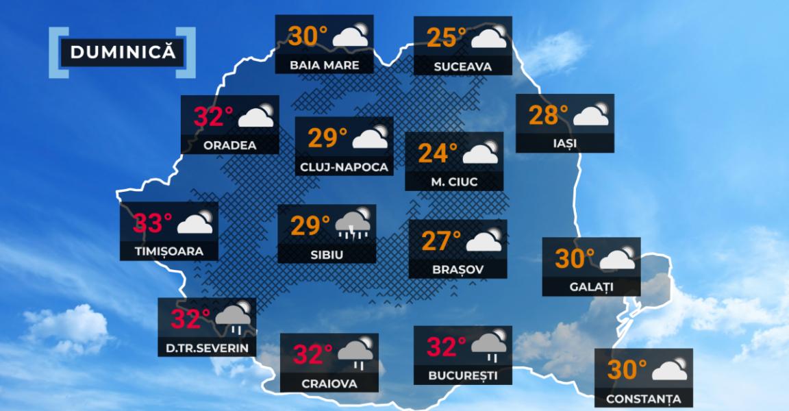 Vremea de mâine 9 august. Fenomene meteo la extremă: vijelii în sud şi la munte, caniculă în vest şi sud-est