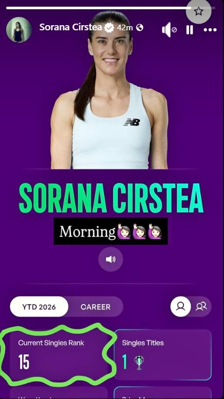 Sorana Cîrstea ocupă locul 15, cea mai bună clasare a carierei
