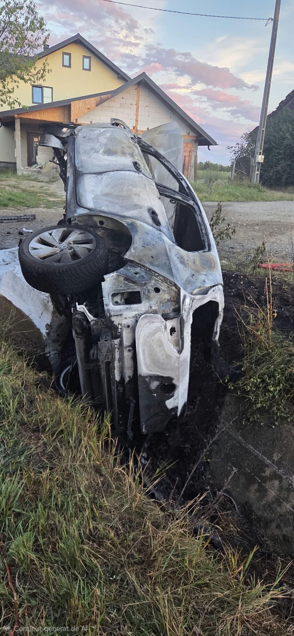 Accident urmat de incendiu în Suceava. Două persoane au fost găsite carbonizate în mașină