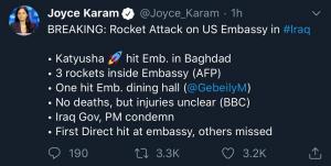 Rachete Katiuşa au lovit ambasada SUA din Bagdad. Nou atac asupra americanilor, în Irak (Video)