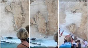 Momentul în care peretele de stâncă se prăbușește pe plaja Navagio, din Zakynthos, filmat de turiști (Video)