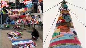 Un brad de 10 metri, făcut din fulare croşetate, a creat indignare în Târgu Mureş. Cum se apără organizatorii: Vor să doboare un record Guinness