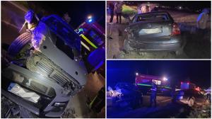 Un Mustang și un Volkswagen s-au izbit puternic dumincă seara, în localitatea Dumbrăveni din Suceava. Un bărbat a ajuns la spital