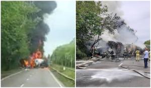 Accident grav pe Centura Capitalei: O cisternă încărcată cu mălai a luat foc după impactul cu un TIR. Unul dintre şoferi a murit