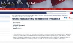 Departamentul de Stat al SUA cere Parlamentului României să respingă propunerile legislative care afectează statul de drept şi lupta anticorupţie