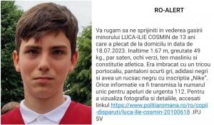 Cosmin, un băiat de 13 ani din Suceava, a plecat de acasă şi nu s-a mai întors. Mesaj RO-Alert pentru găsirea copilului