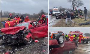 Accident înfiorător la ieşirea din Rădăuţi, în Suceava. Oameni blocaţi între fiare după un impact dezastruos