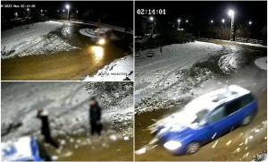 Momentul în care un minor se izbeşte de o troiţă cu maşina furată, în Suceava. Îşi pune apoi mâinile în cap, iar tovarăşul lui fuge cu plăcuţele
