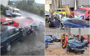 Un şofer de 21 de ani a făcut prăpăd la ieşirea din Petroşani: 5 maşini parcate, izbite puternic. Ce au găsit poliţiştii în BMW-ul lui