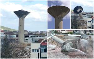 "Am avut mari emoţii, casa noastră este chiar lângă". Turn de apă din Oradea de peste 30 de metri, pus la pământ de o explozie controlată