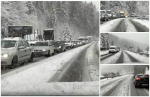 Cozi pe zeci de kilometri la munte din cauza zăpezii. Situația drumurilor naţionale închise (Video)