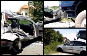 O familie a fost aruncată de o camionetă în faţa unei basculante, la Corneşti, în Gorj. Tatăl a fost luat de elicopter, în comă, mama şi băiatul de 8 ani sunt în spital (video)