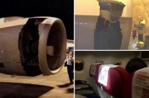 SCENĂ DE INFARCT la bordul unui avion: O GAURĂ IMENSĂ a apărut la unul dintre motoare, în timpul zborului! Pasagerii au filmat MOMENTE DRAMATICE