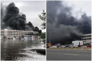 Incendiu de proporții în parcarea supraetajată a unul mall. Zeci de pompieri, mobilizați. Fumul se vede de la kilometri (Video)